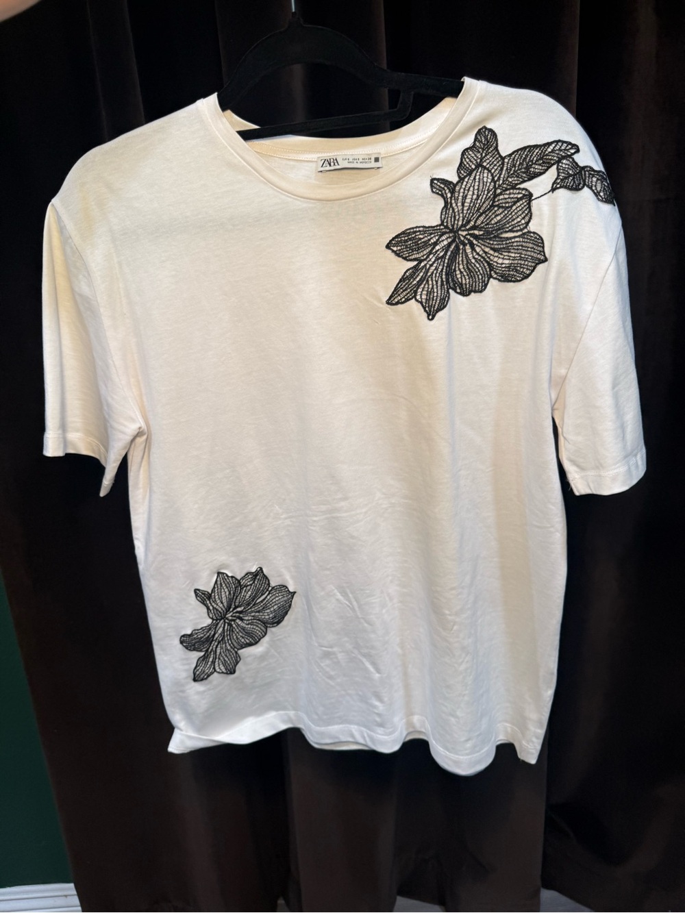 Zara White Tee with Black Floral Embroidery Accents